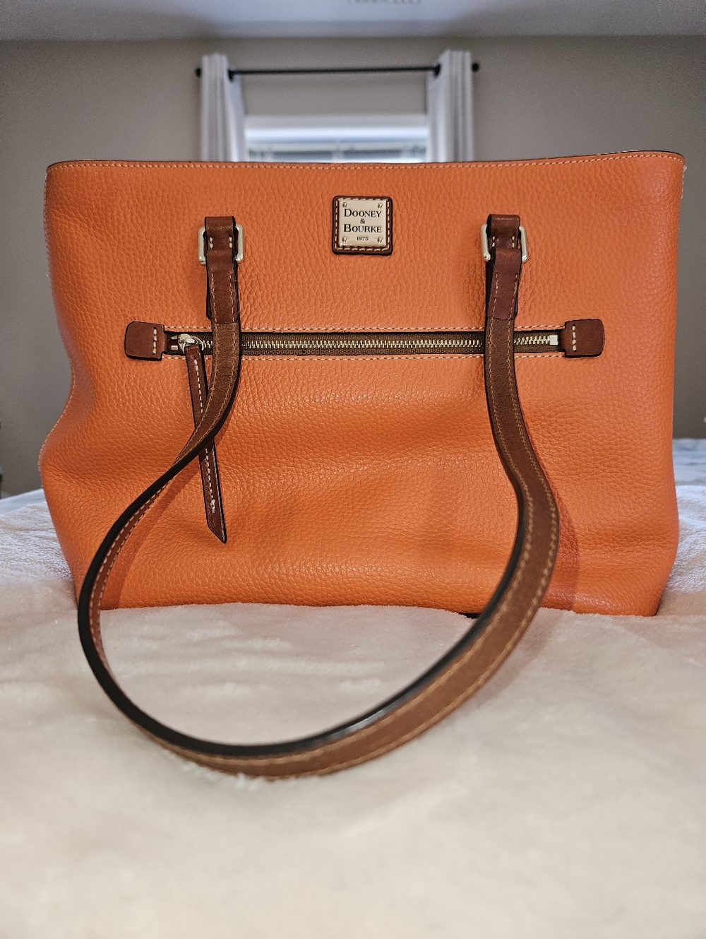 Dooney & Bourke Orange Pebble Leather Tote with Brown Straps